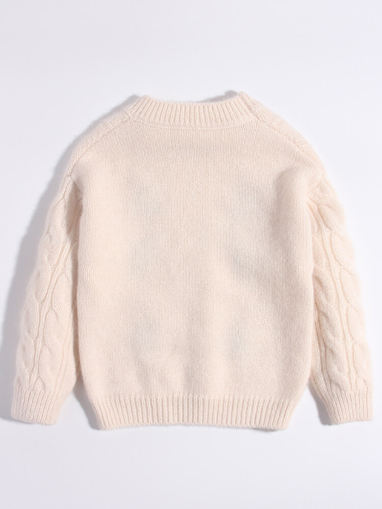 Kids Ivory Floral Embroidered Cable Knit Cashmere Sweater